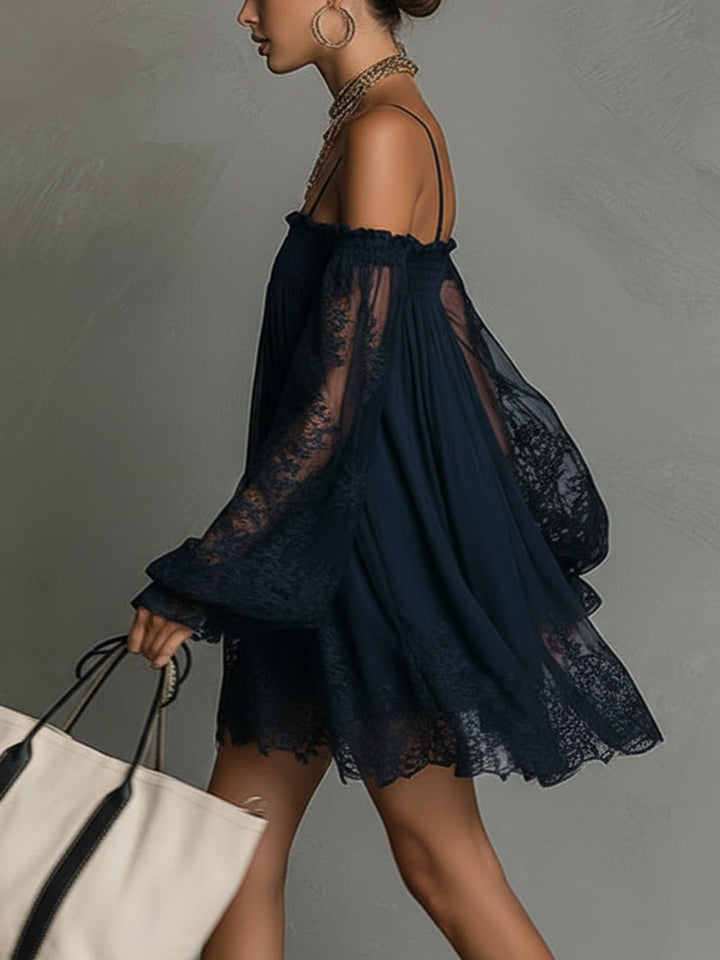 Livia™ | Dámské mini šaty z chiffon s odhalenými rameny a krajkou