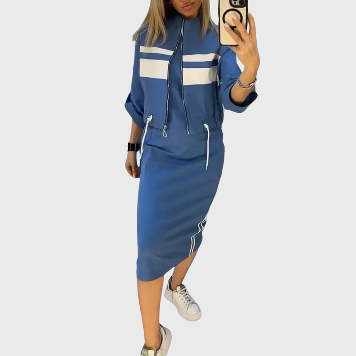 Karina™ | Sportovní dvoudílný set se zip topem a midi sukní