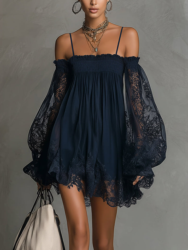 Livia™ | Dámské mini šaty z chiffon s odhalenými rameny a krajkou